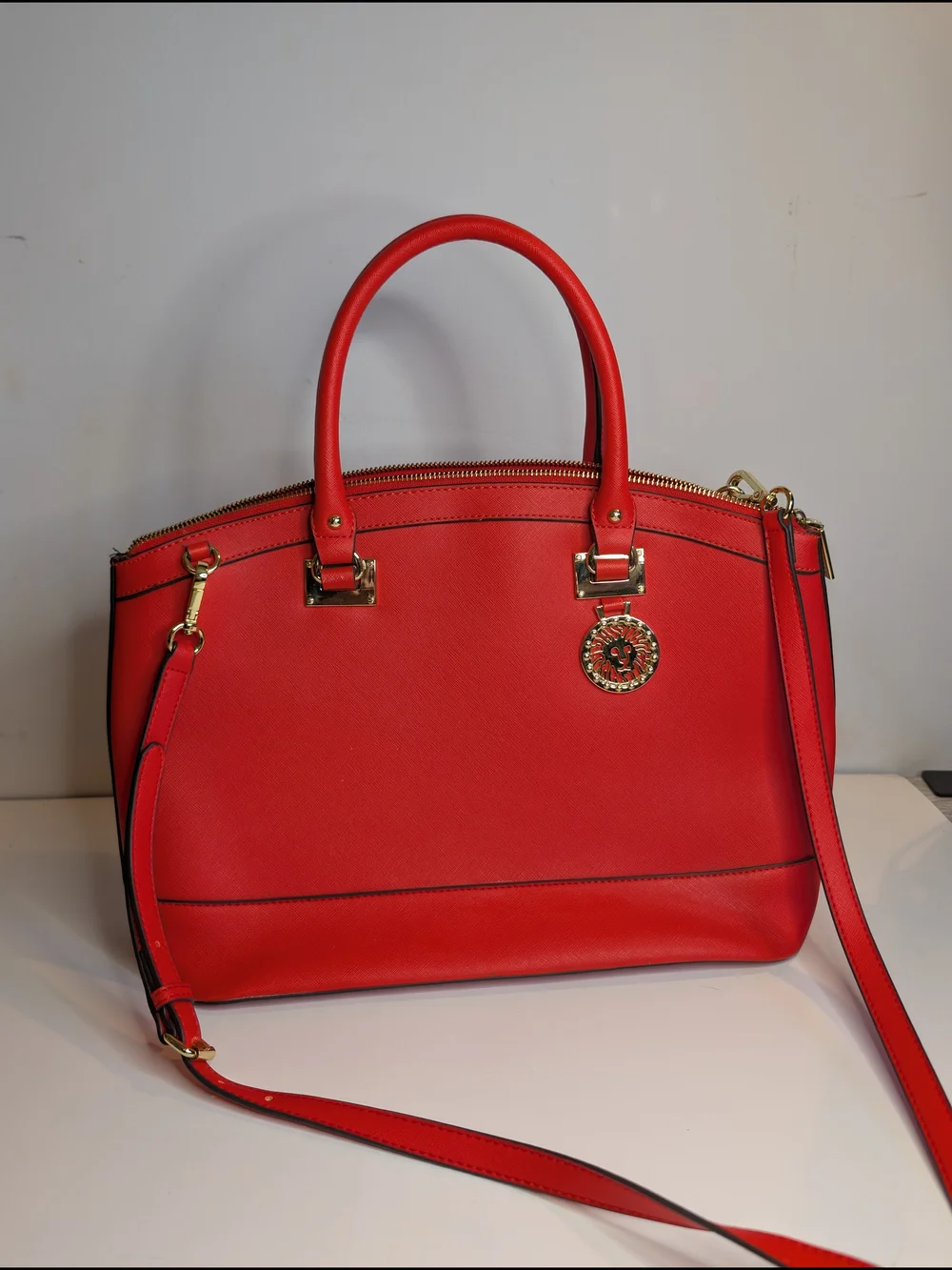 Anne Klein Red Satchel W/Top Handle Zip & Gold Hardware & Detachable Strap